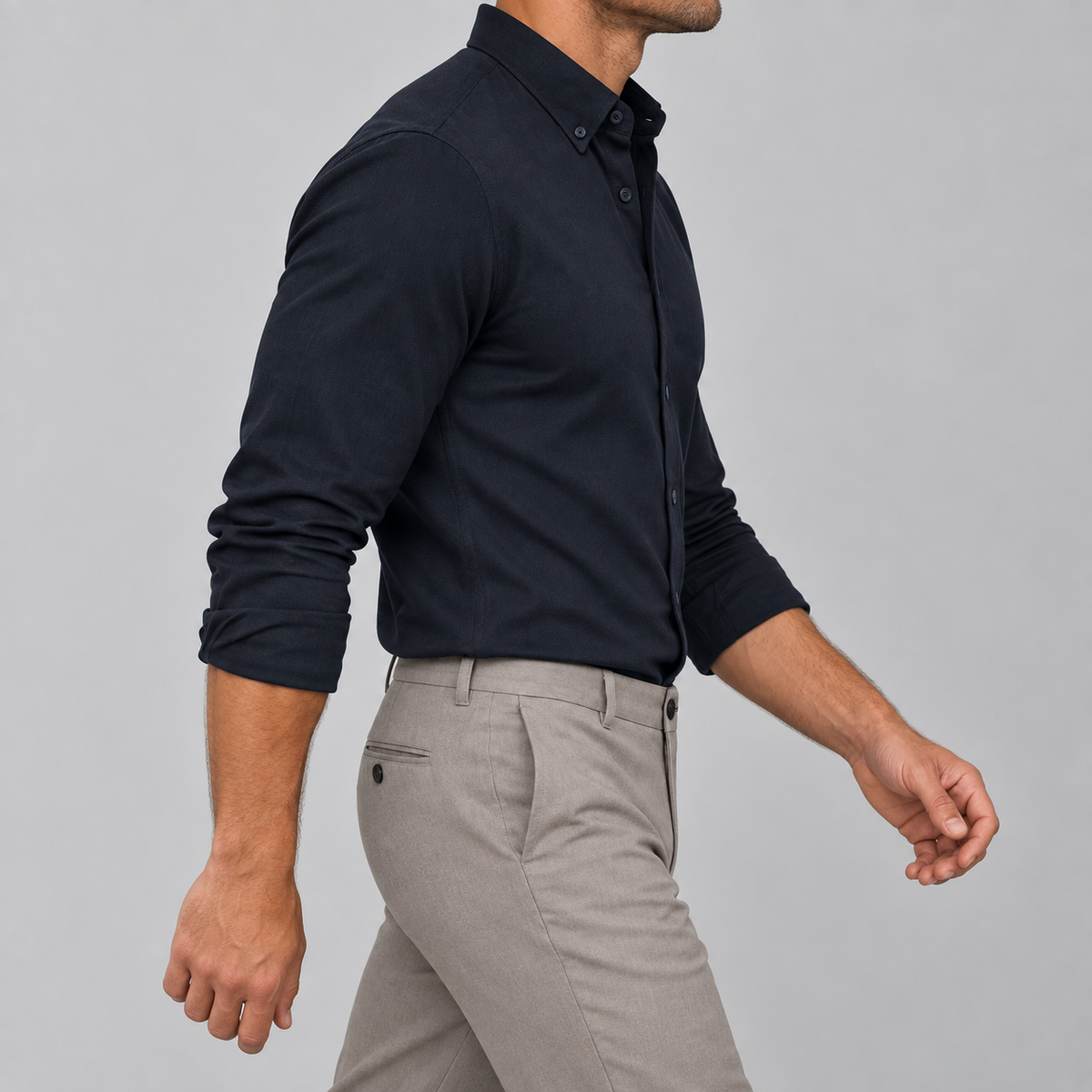 Ramon button-down shirt in black, side view on a model