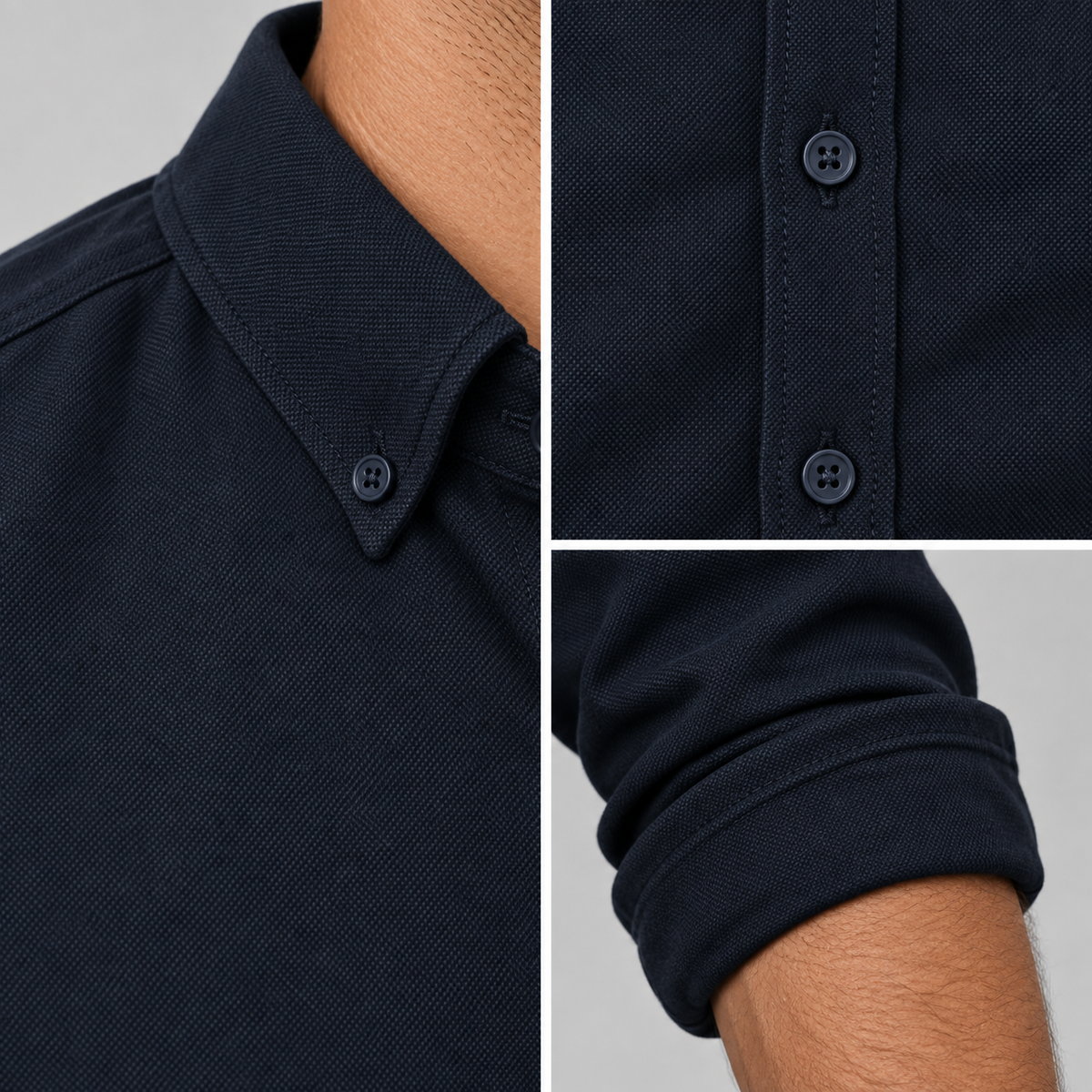 Ramon button-down shirt in black, collar, button placket and sleeve details