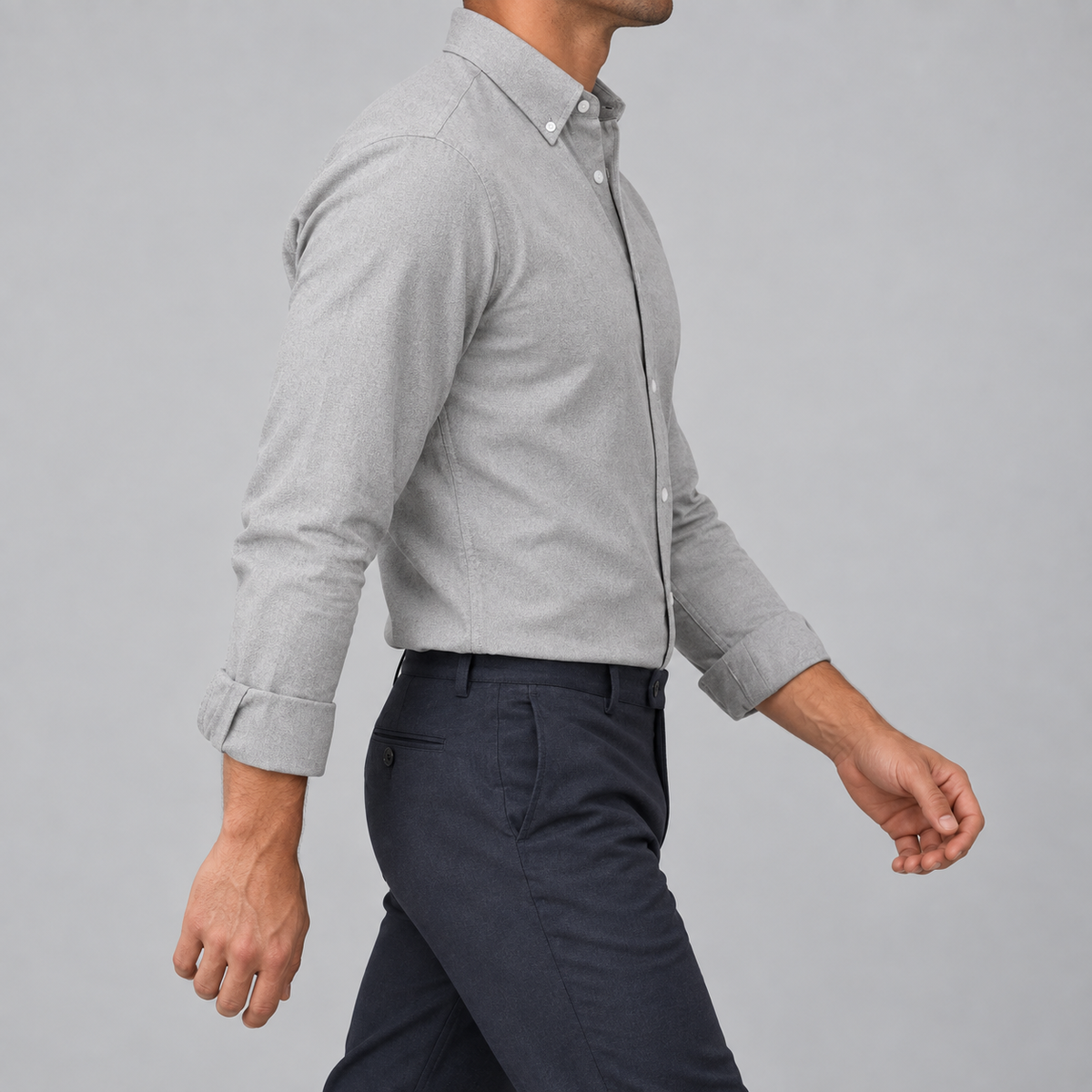 Ramon button-down shirt in gray, side view on a model