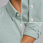 Ramon button-down shirt in green sage, collar, button placket and sleeve details