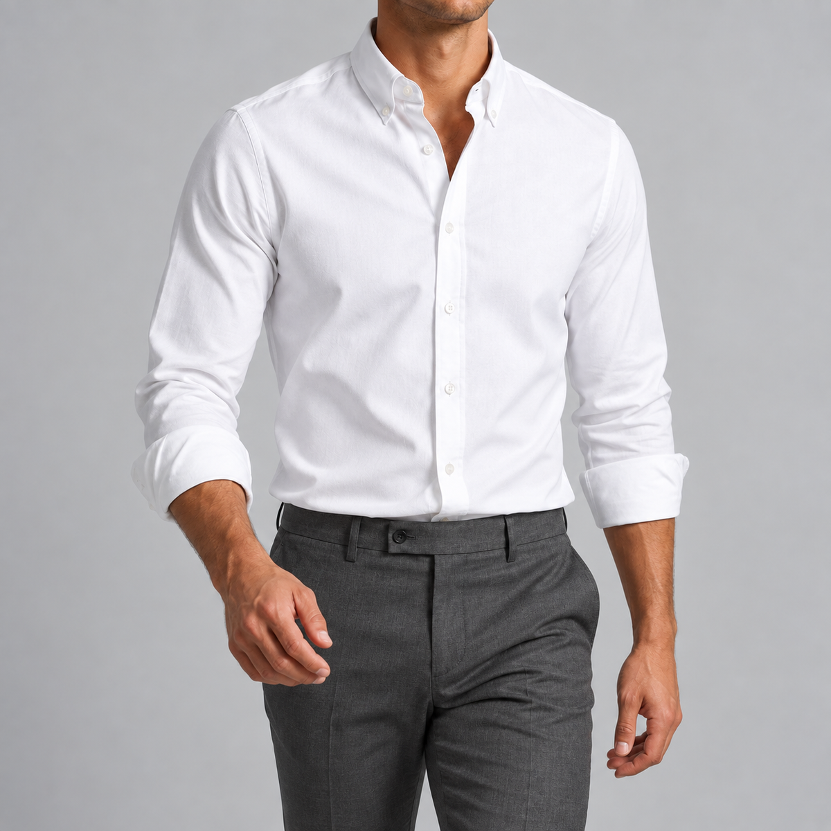 Ramon button-down shirt in white, front view on a model