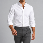 Ramon button-down shirt in white, front view on a model