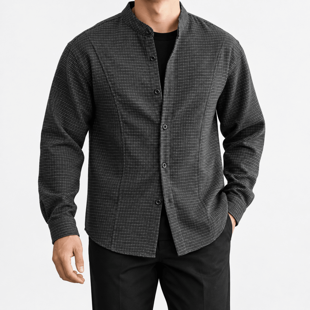 Relaxed checked shirt with curved front seams - AntoniosClothing - Dark gray
