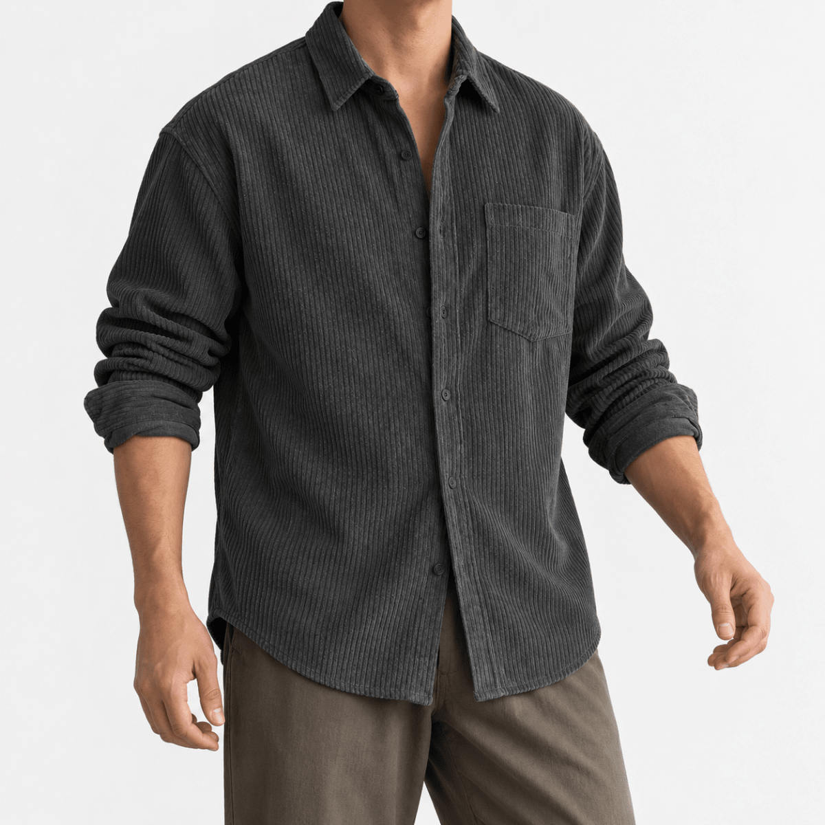 Relaxed corduroy shirt with a curved hem - AntoniosClothing - Charcoal