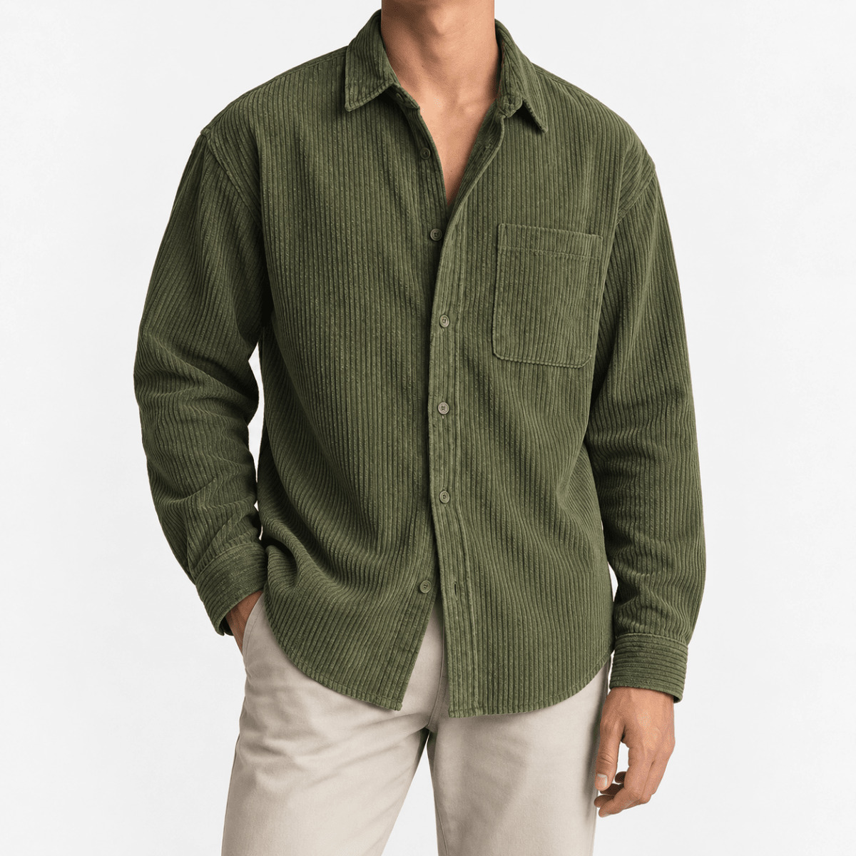 Relaxed corduroy shirt with a curved hem - AntoniosClothing - Olive green