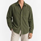 Relaxed corduroy shirt with a curved hem - AntoniosClothing - Olive green