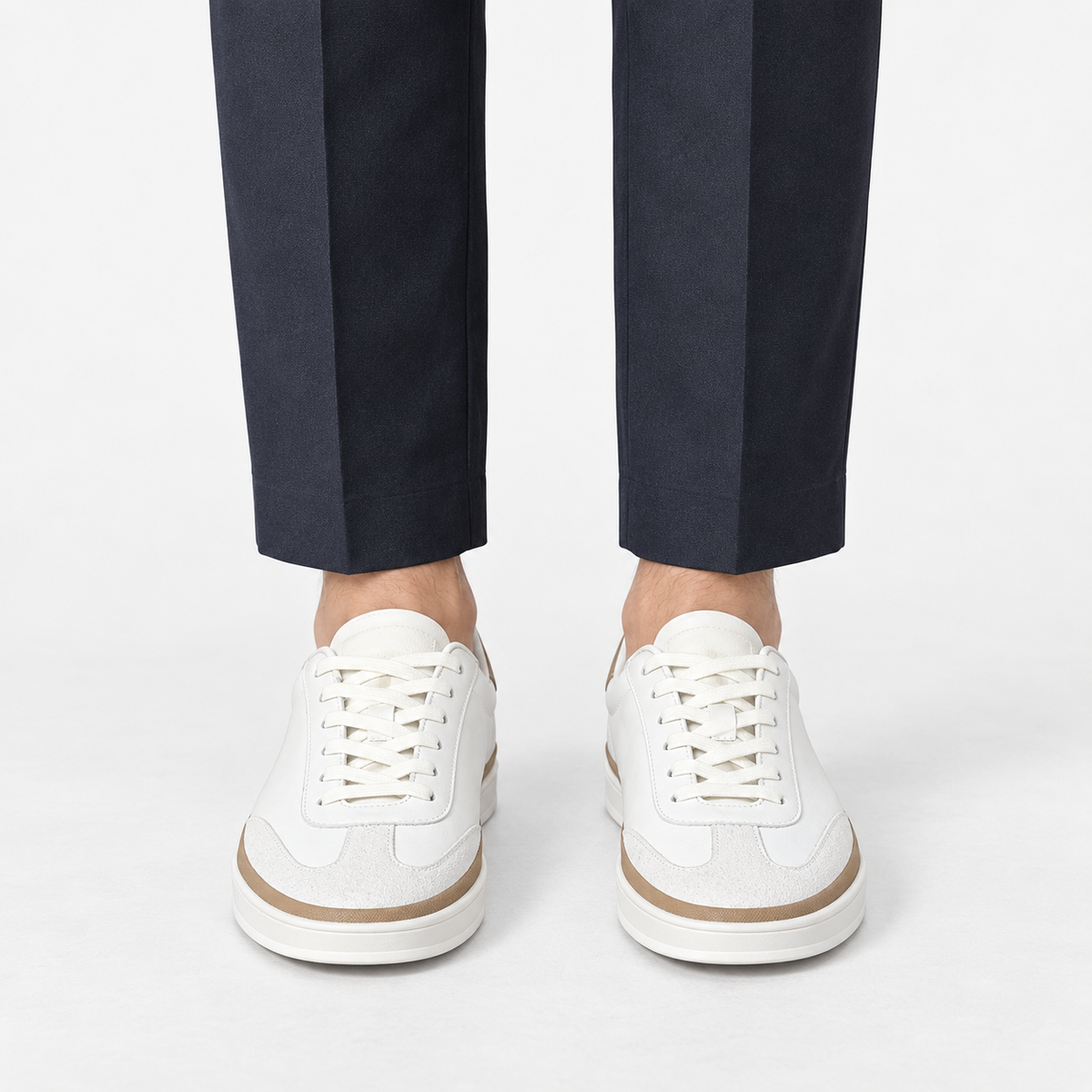 Retro leather sneakers with contrast soles in white white sole, front view on a model