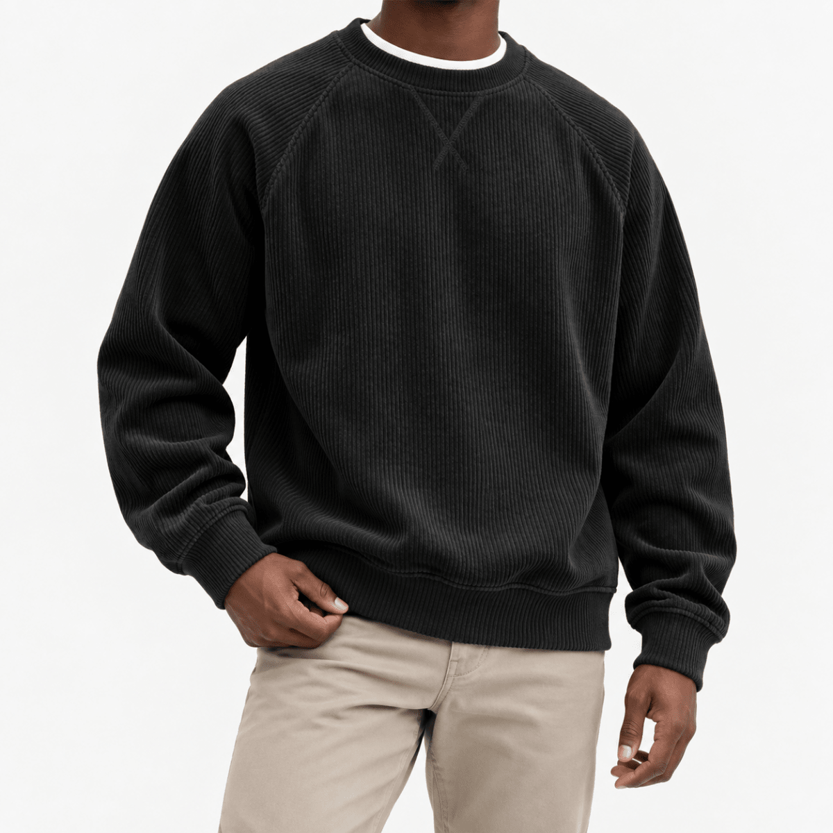 Ribbed raglan sweatshirt with a stitched neckline - AntoniosClothing - Black