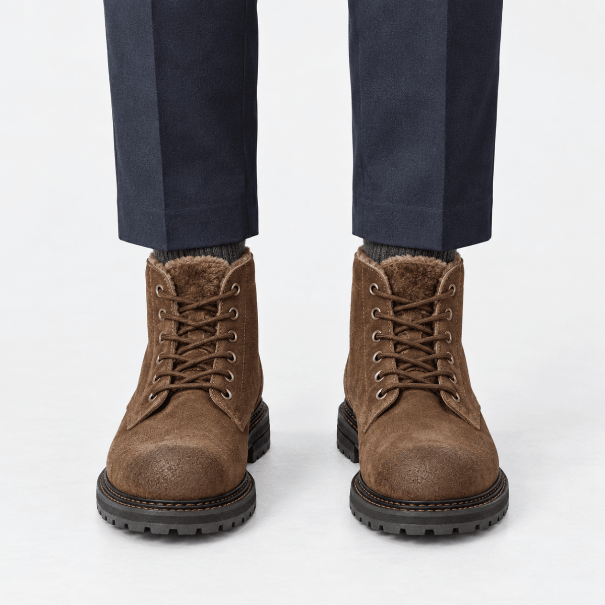 Rough suede lace up ankle boots - AntoniosClothing - Brown fleece lined