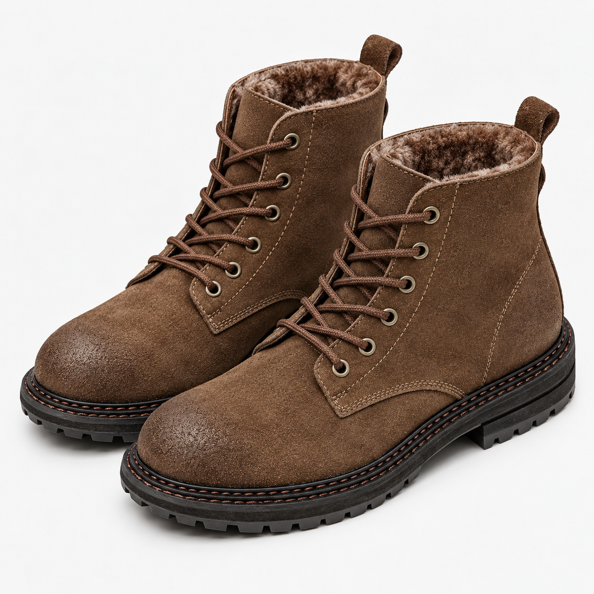 Rough suede lace up ankle boots in brown fleece lined, product cover