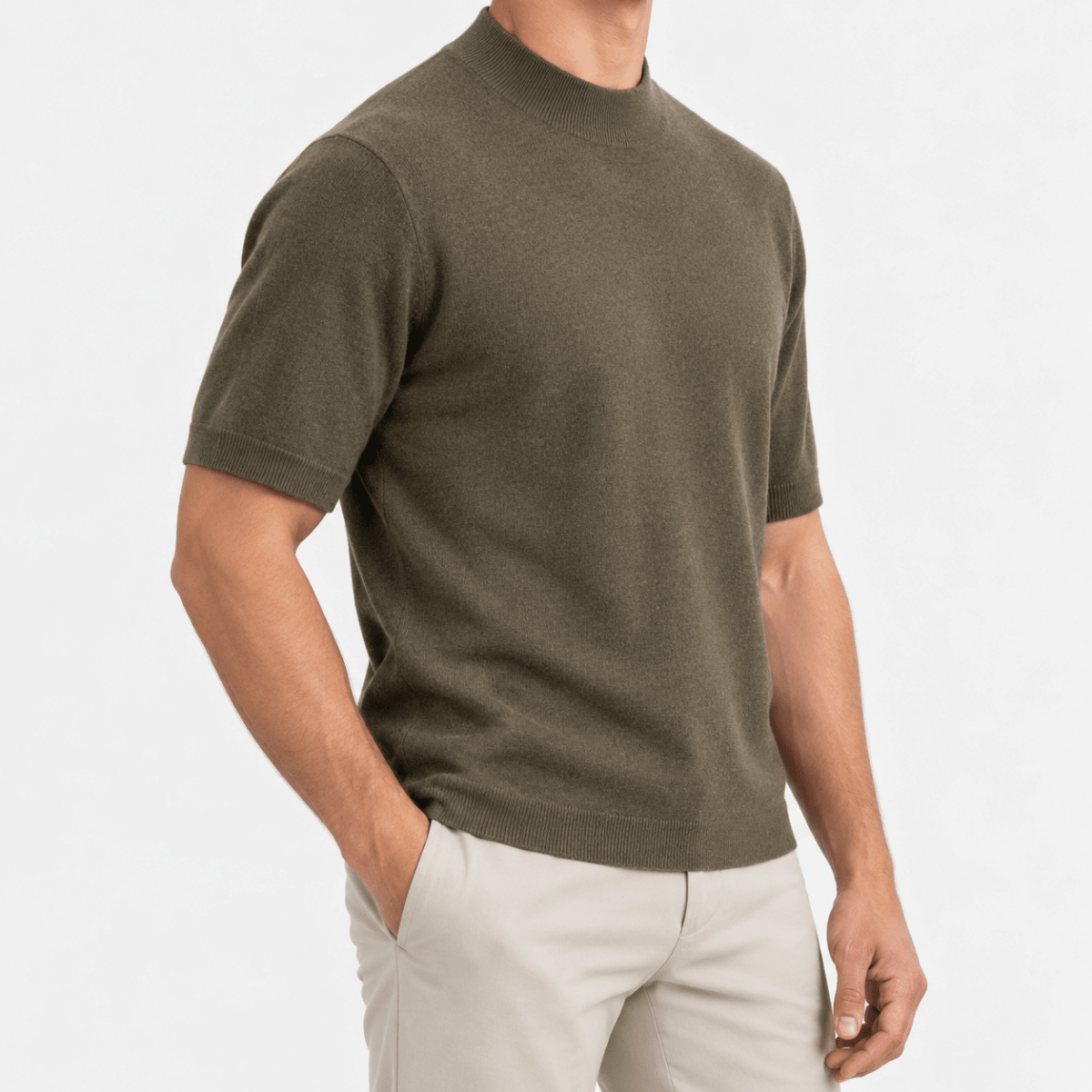 Short sleeve wool mock neck top - AntoniosClothing - Olive