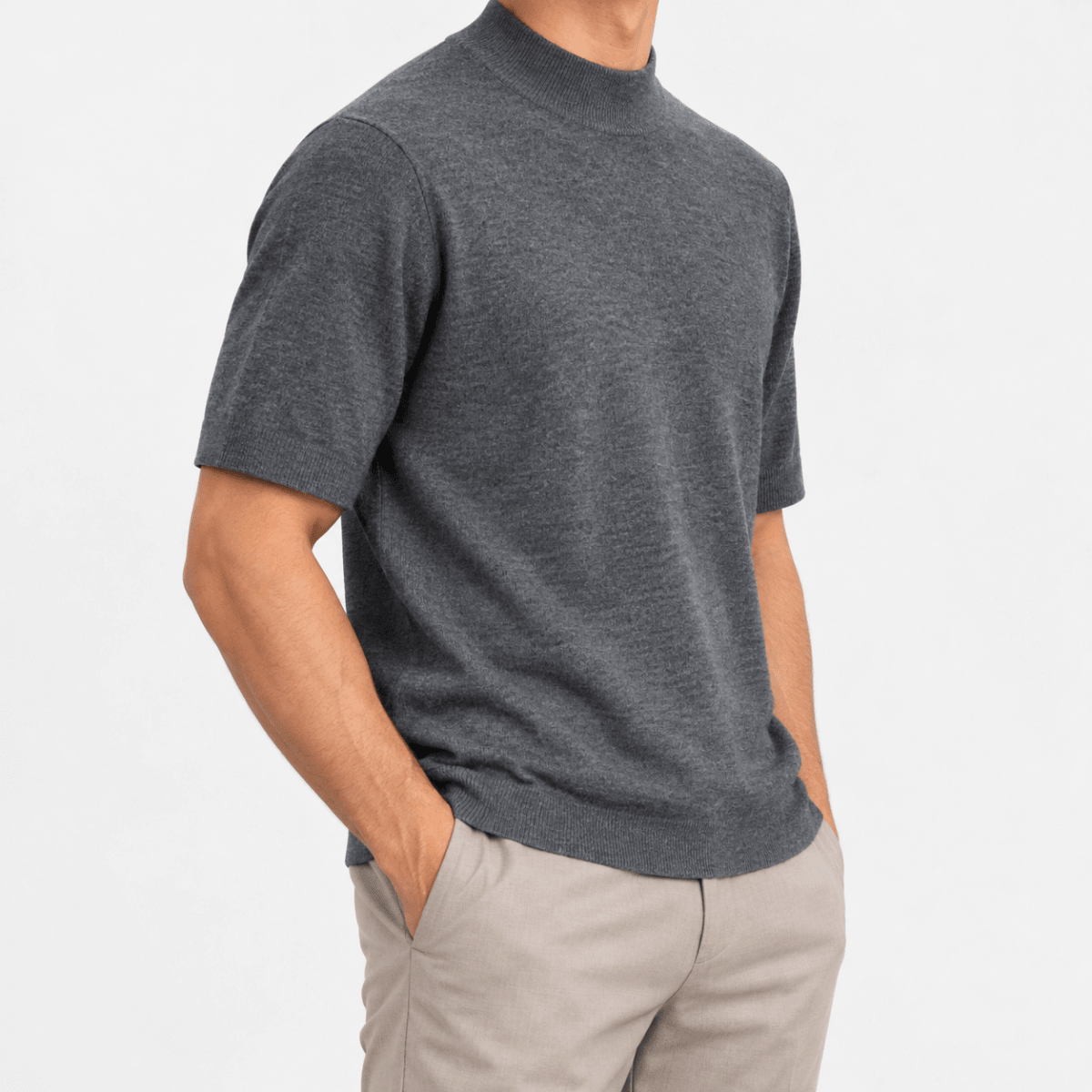 Short sleeve wool mock neck top - AntoniosClothing - Gray