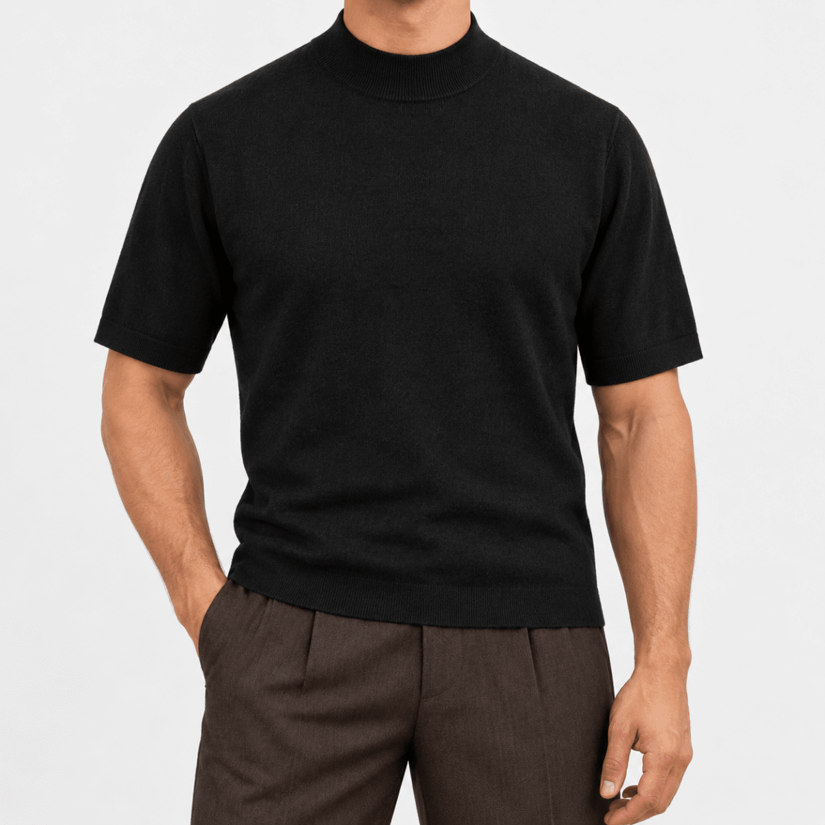 Short sleeve wool mock neck top - AntoniosClothing - Black