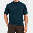 Short sleeve wool mock neck top - AntoniosClothing - Petrol blue