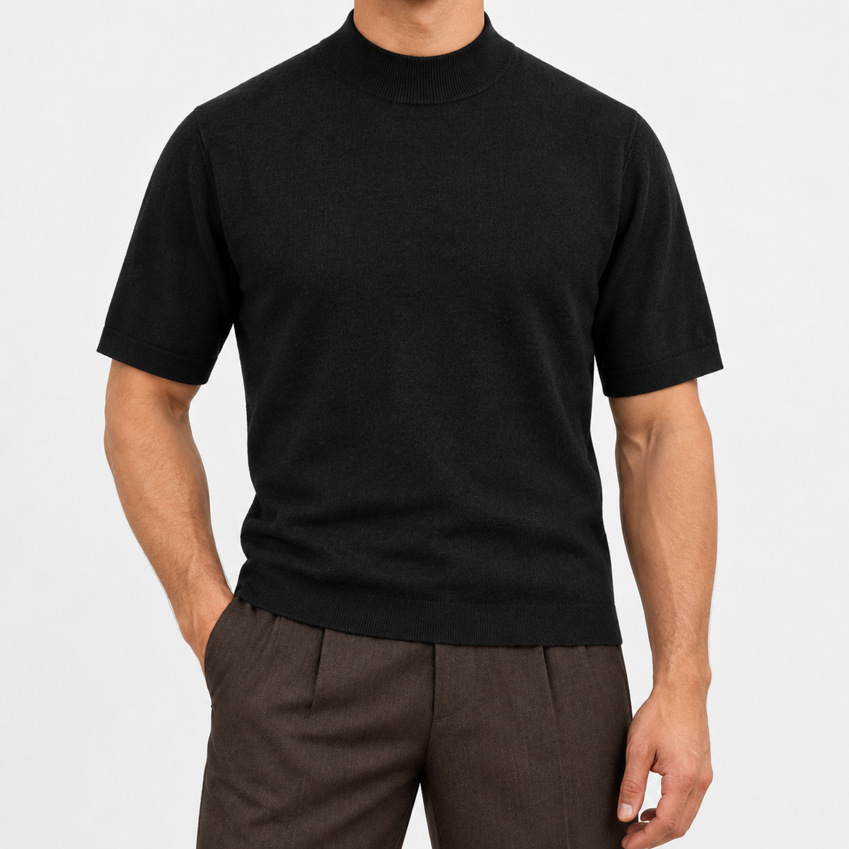 Short sleeve wool mock neck top in black, front view on a model