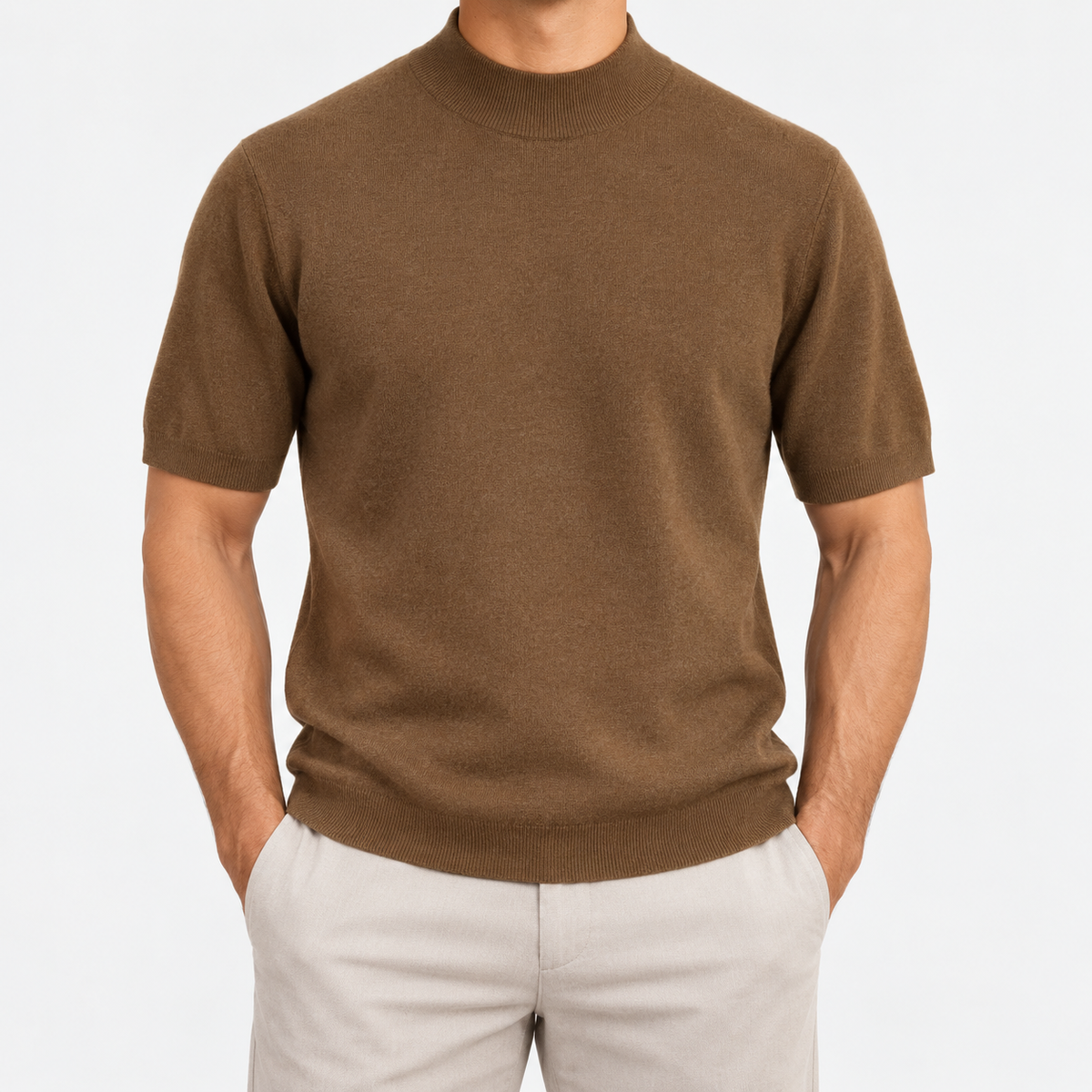 Short sleeve wool mock neck top in coffee, front view on a model