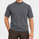 Short sleeve wool mock neck top in gray, front view on a model