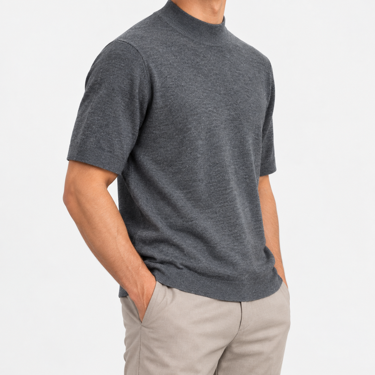 Short sleeve wool mock neck top in gray, side view on a model