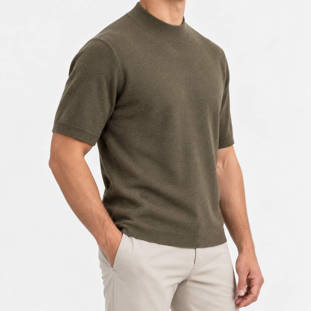 Short sleeve wool mock neck top in olive, side view on a model