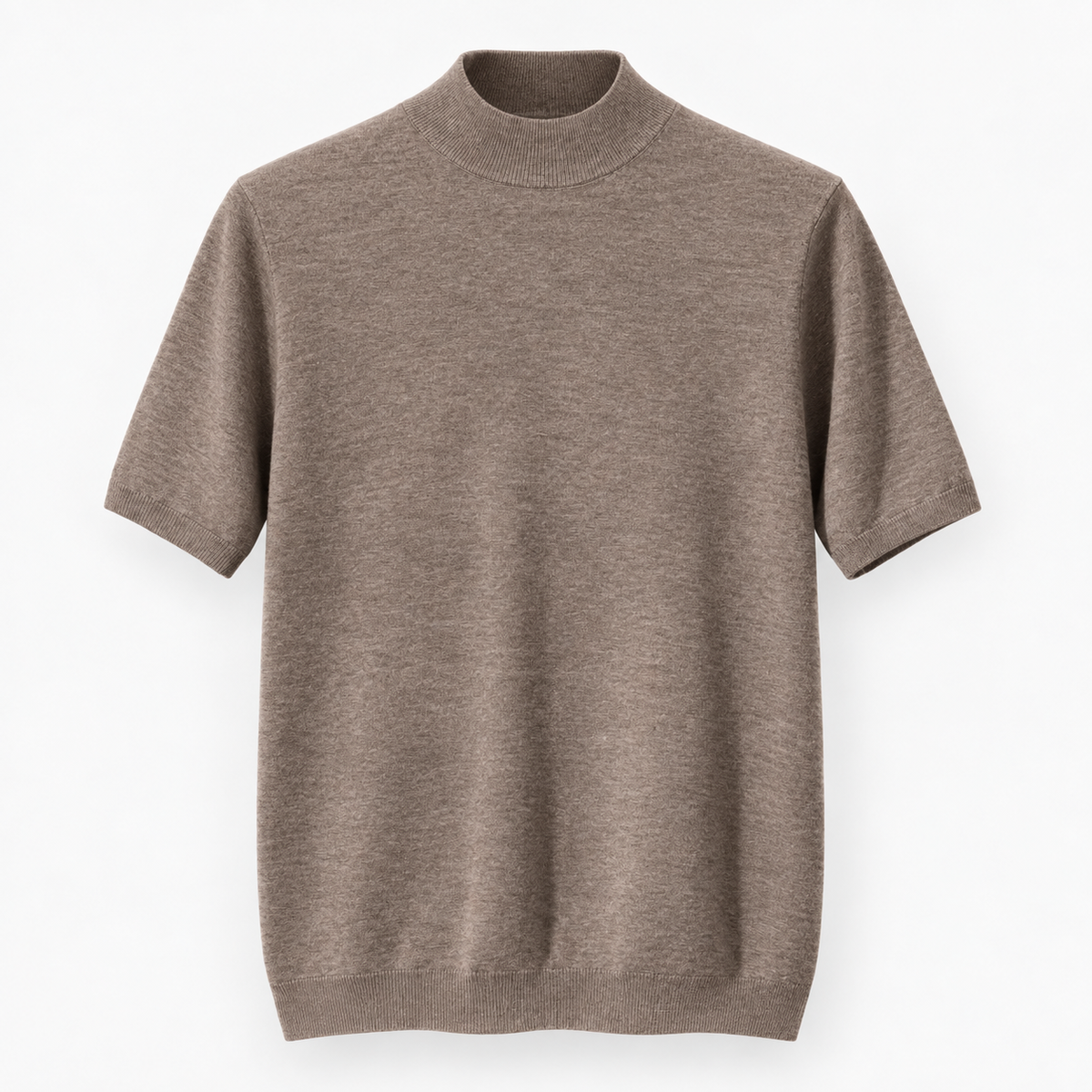 Short sleeve wool mock neck top in taupe, product cover