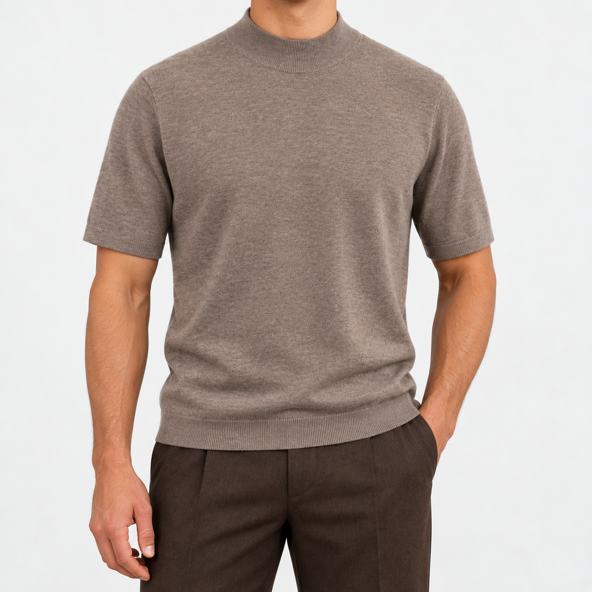 Short sleeve wool mock neck top in taupe, front view on a model