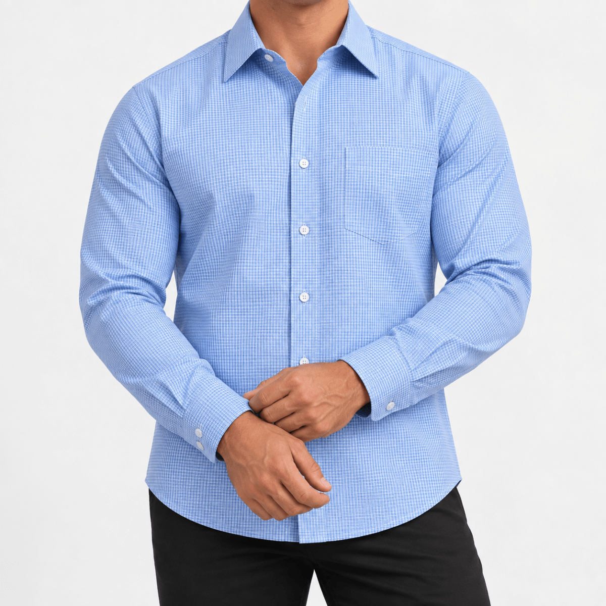 Slim cotton blend shirt with a chest pocket - AntoniosClothing - Light blue microcheck
