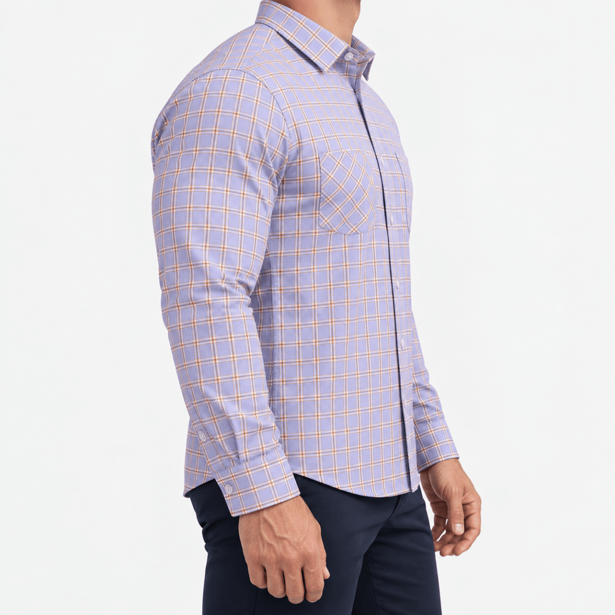 Slim cotton blend shirt with a chest pocket - AntoniosClothing - Lilac and tan check