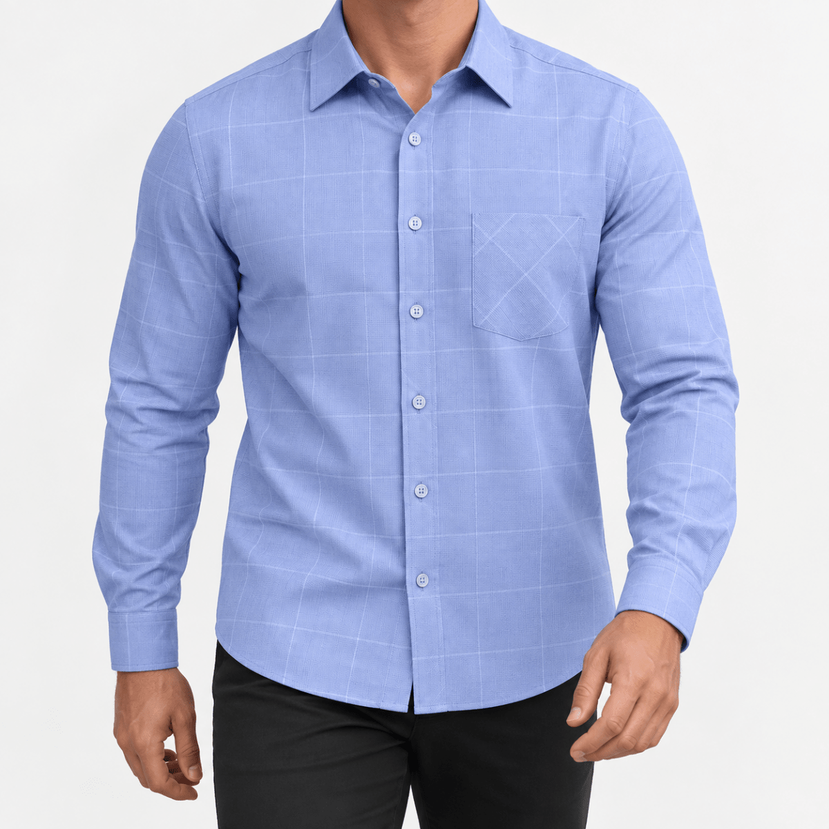 Slim cotton blend shirt with a chest pocket - AntoniosClothing - Blue windowpane