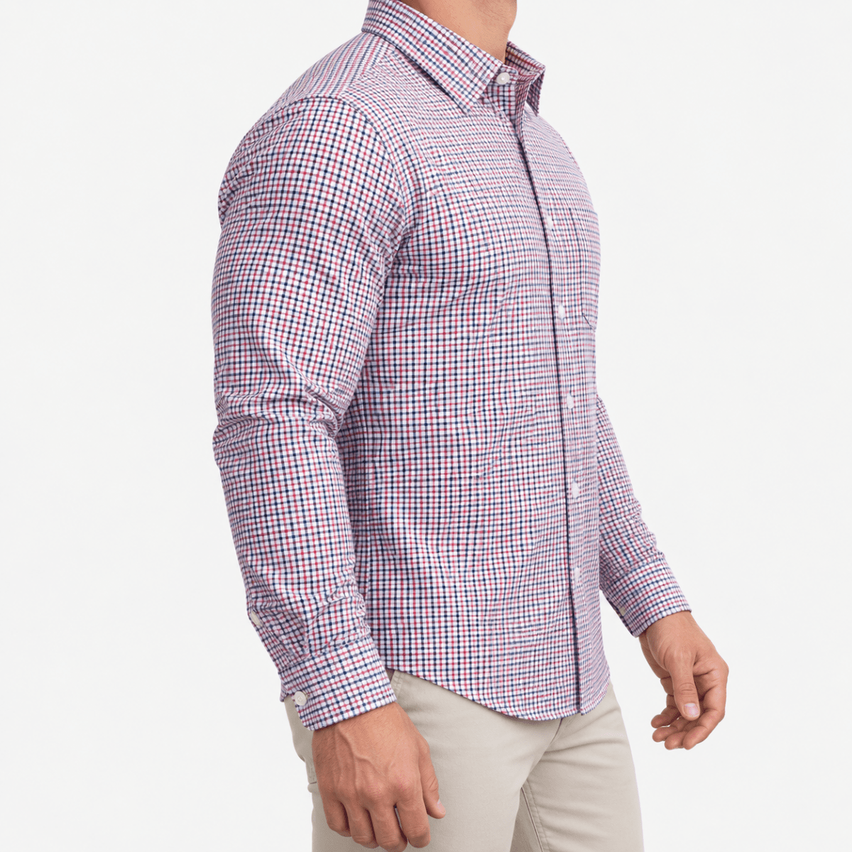 Slim cotton blend shirt with a chest pocket - AntoniosClothing - Red and navy check