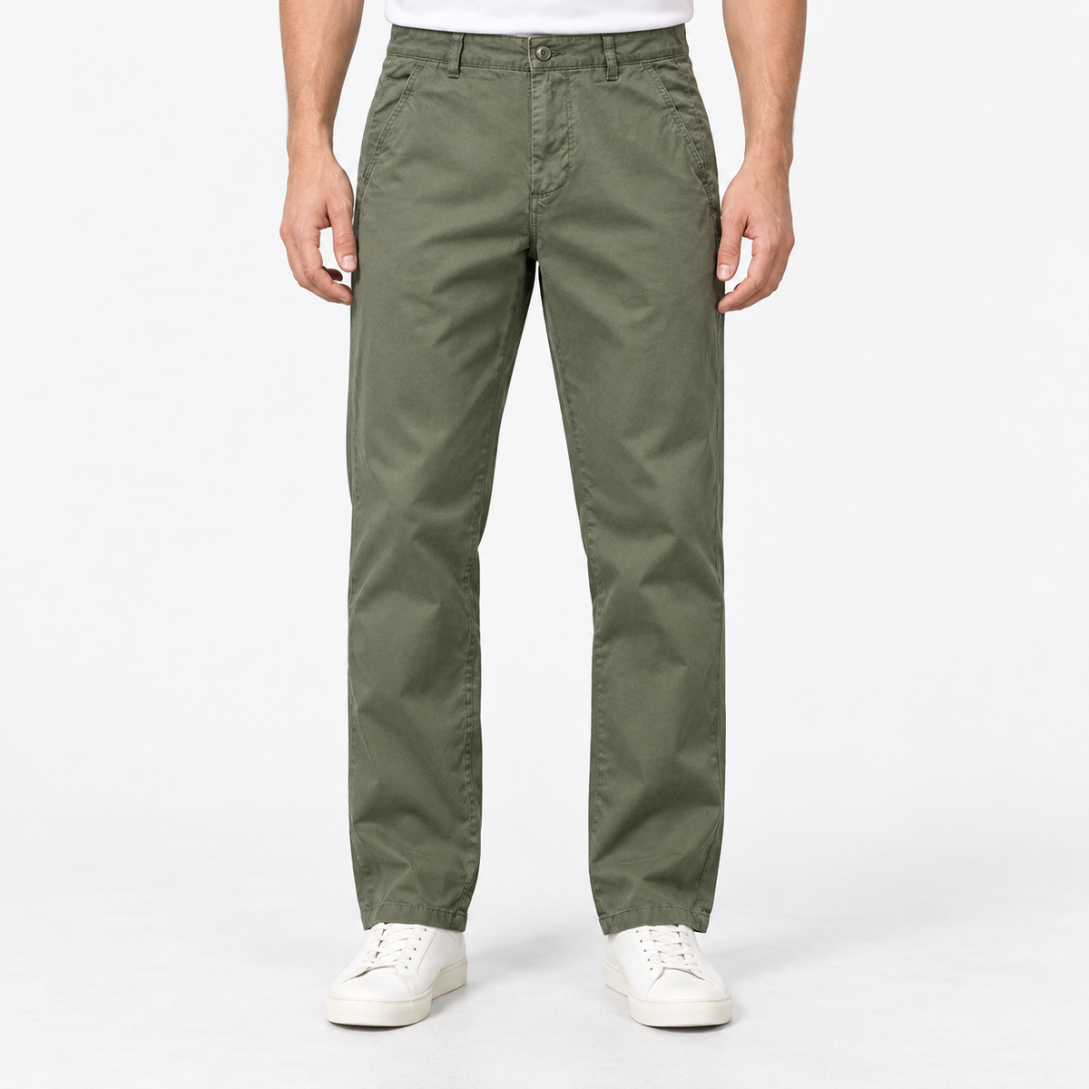 Straight leg cotton utility trousers in army green, front view on a model