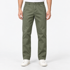 Straight leg cotton utility trousers in army green, front view on a model