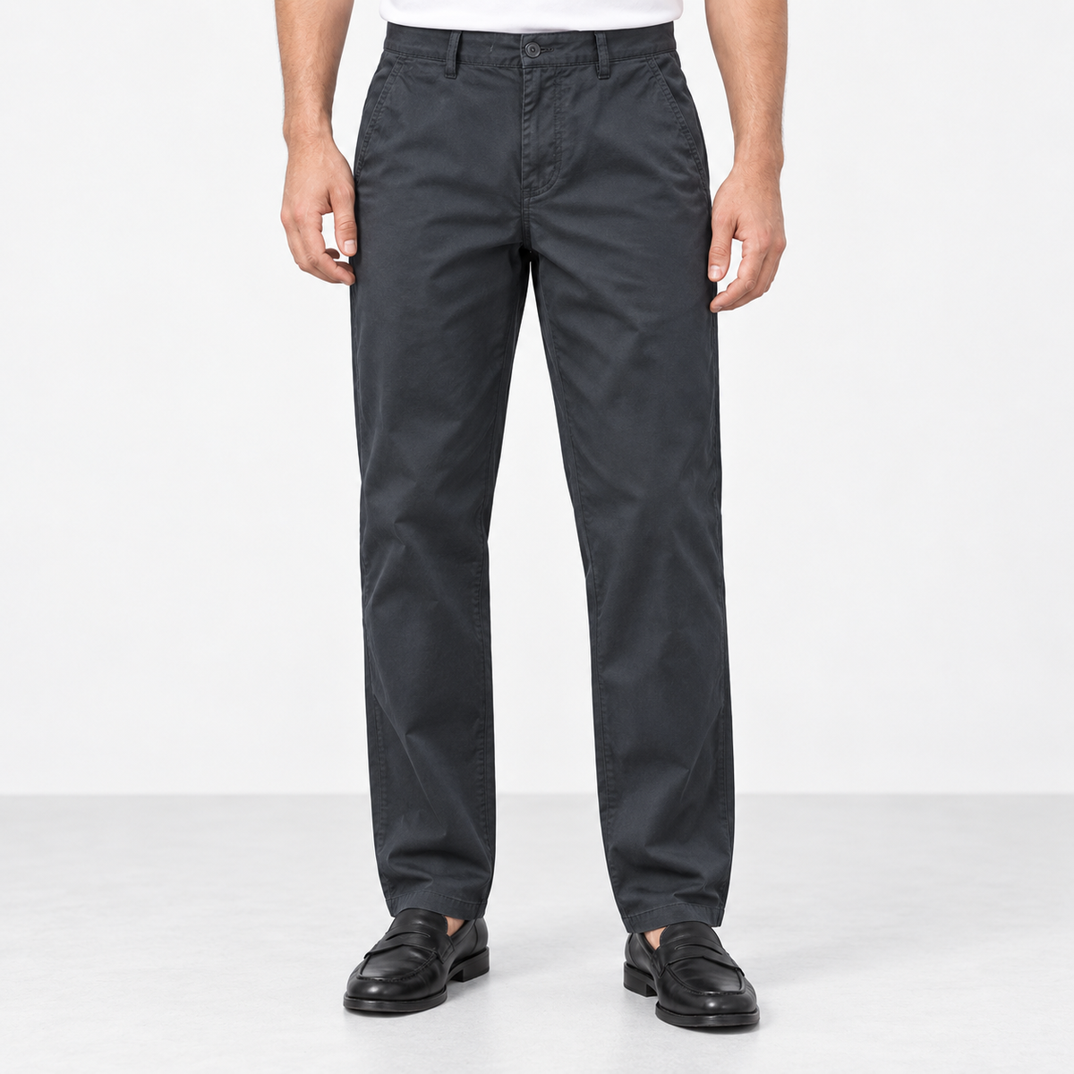Straight leg cotton utility trousers in dark gray, front view on a model