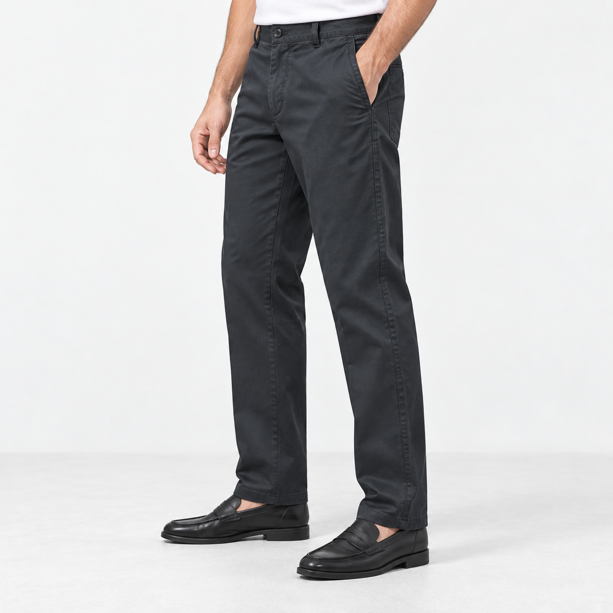 Straight leg cotton utility trousers in dark gray, side view on a model