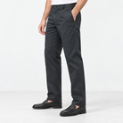 Straight leg cotton utility trousers in dark gray, side view on a model