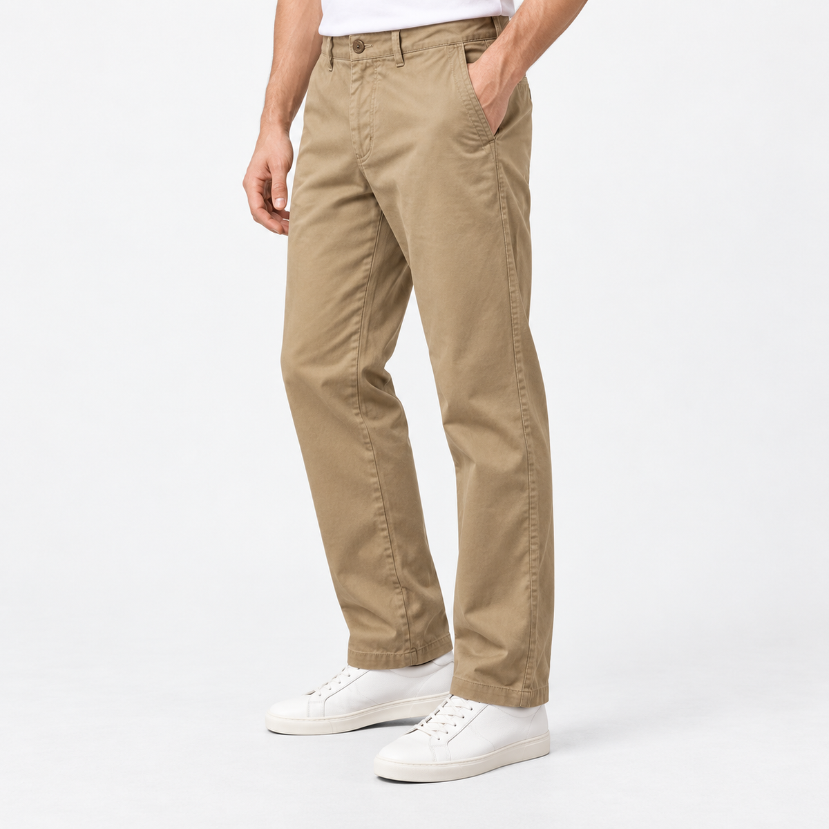 Straight leg cotton utility trousers in dark khaki, side view on a model