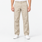 Straight leg cotton utility trousers in light khaki, front view on a model