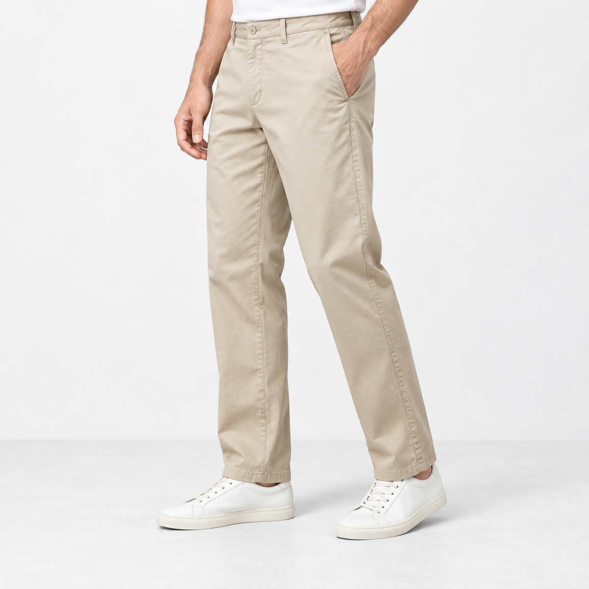 Straight leg cotton utility trousers in light khaki, side view on a model