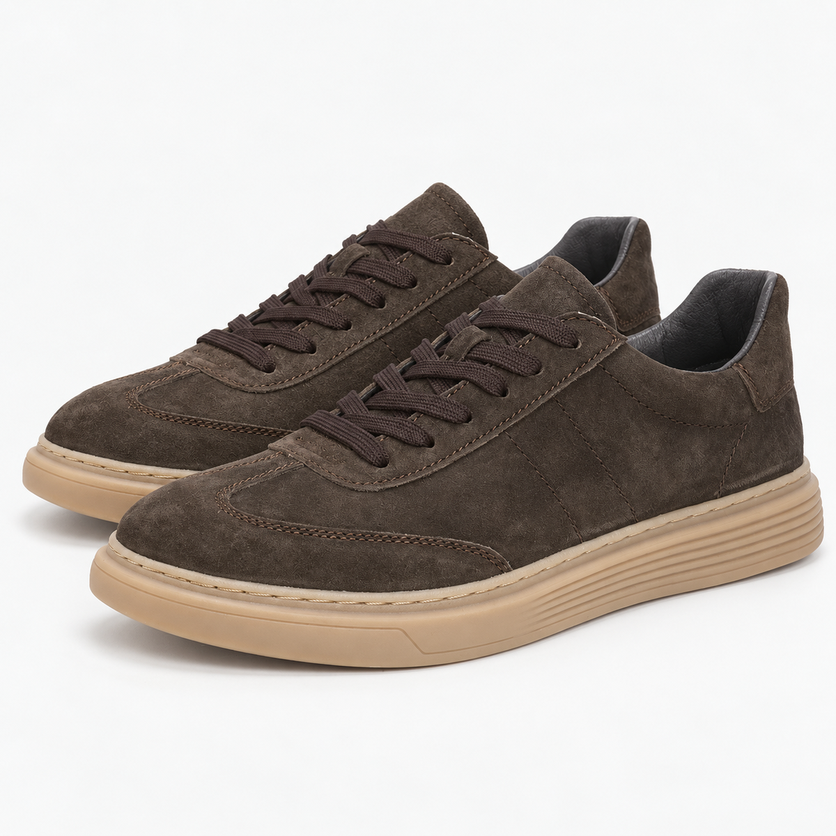 Suede cupsole sneakers with tonal laces in dark brown, product cover