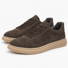 Suede cupsole sneakers with tonal laces in dark brown, product cover