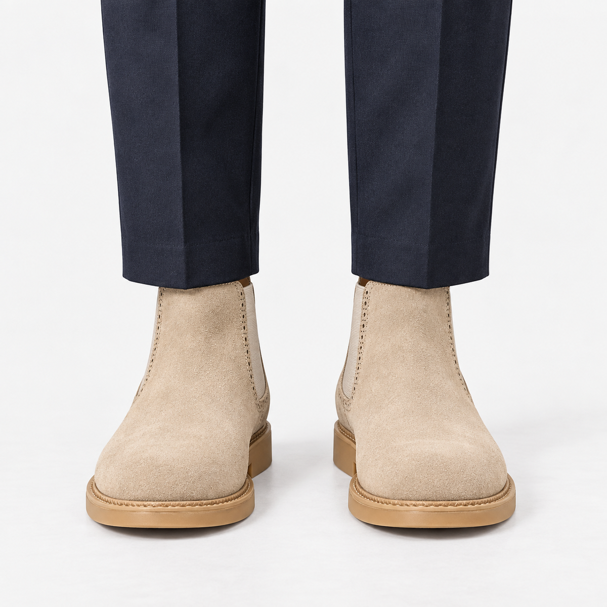 Suede finish leather chelsea boots in beige, front view on a model