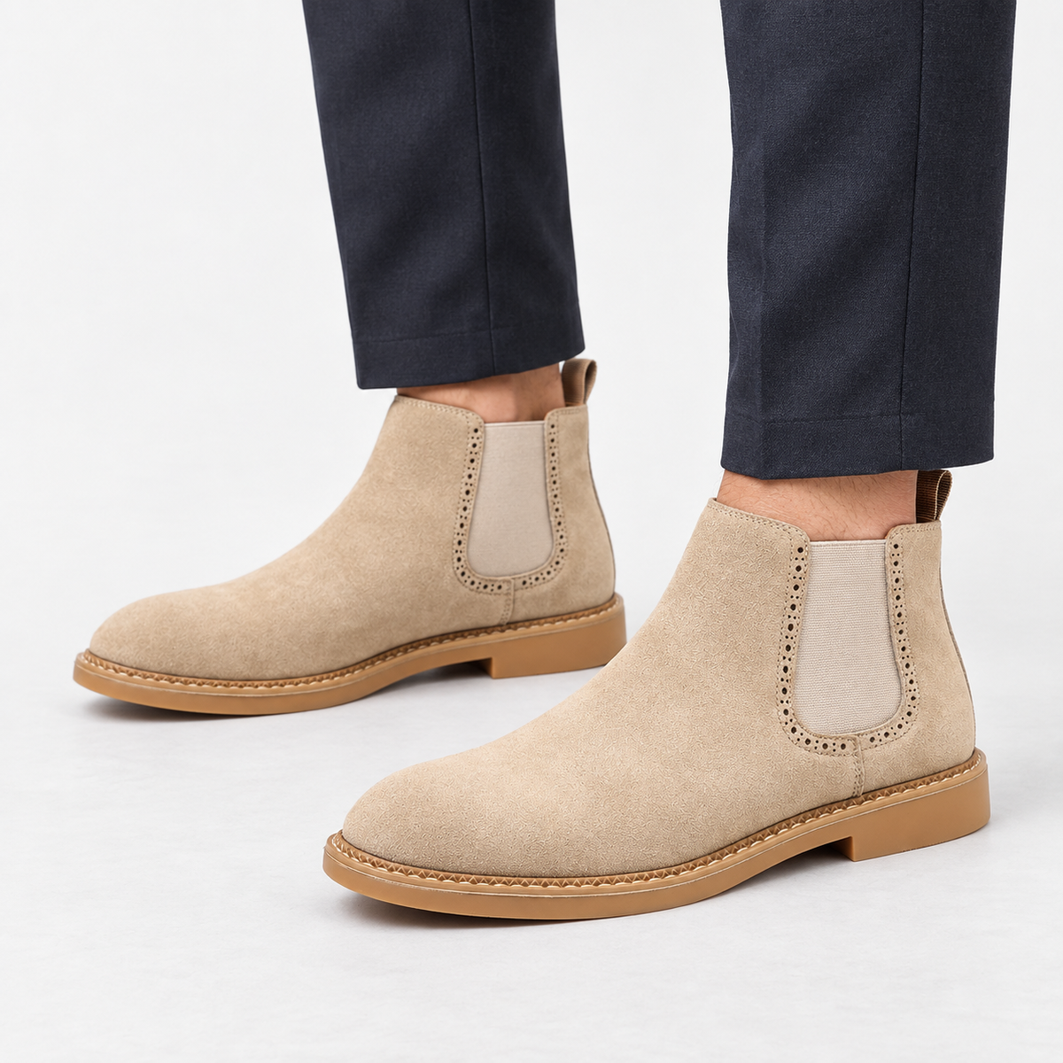 Suede finish leather chelsea boots in beige, side view on a model