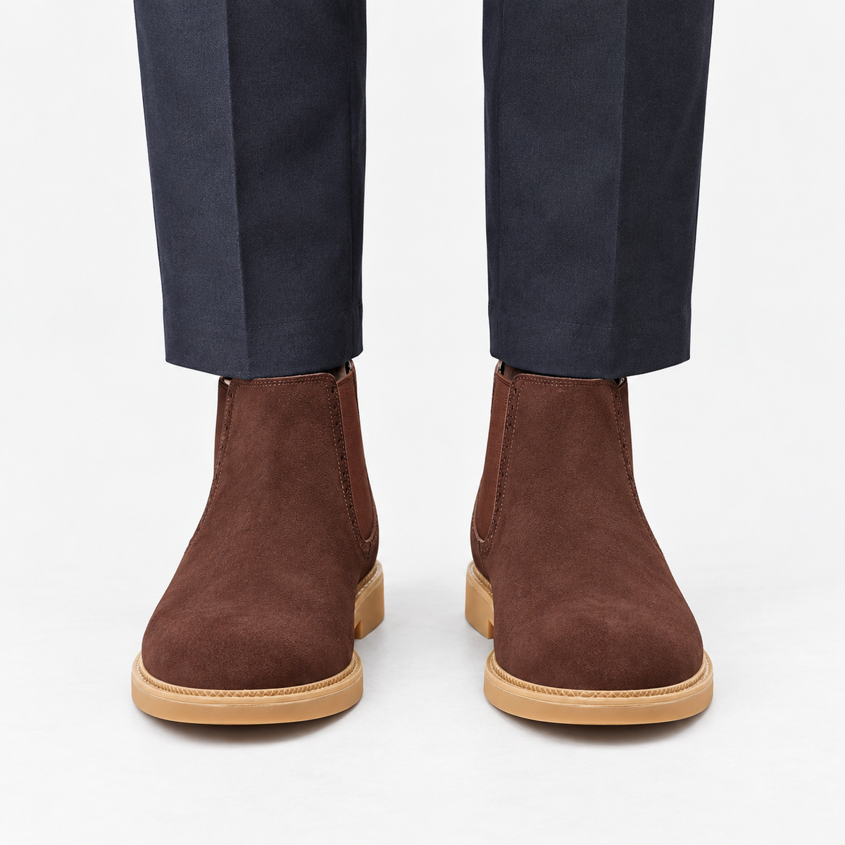 Suede finish leather chelsea boots in brown, front view on a model