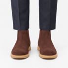 Suede finish leather chelsea boots in brown, front view on a model