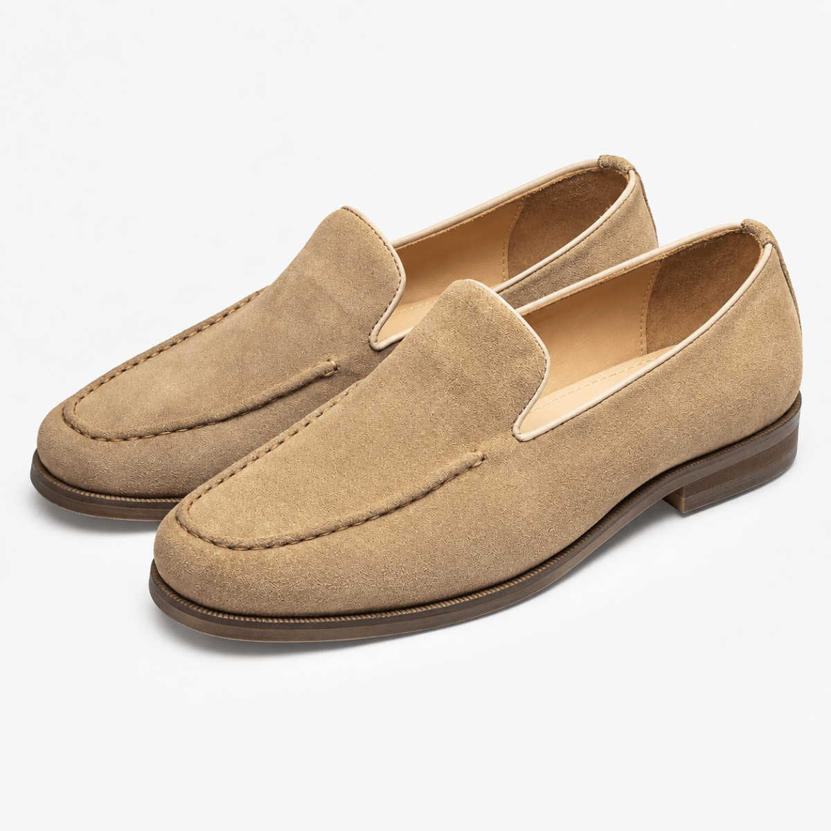 Suede slip on loafers with apron stitching - AntoniosClothing - Sand