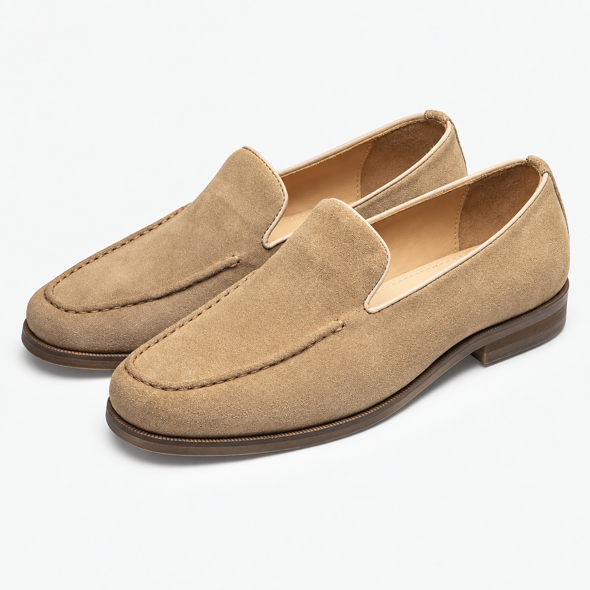 Suede slip on loafers with apron stitching in sand, product cover