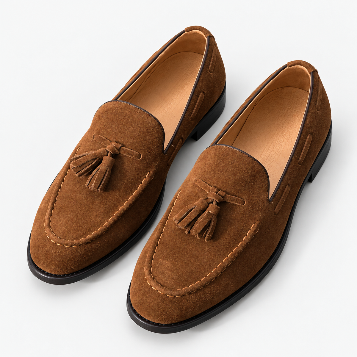 Suede tassel loafers with rubber soles in tan, product cover