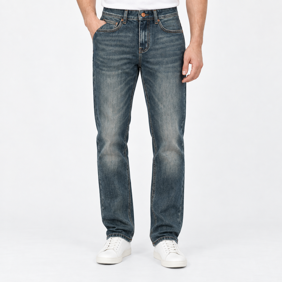 Vintage wash slim straight jeans in blue full length, front view on a model