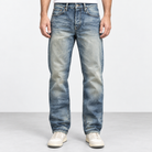 Vintage wash straight leg cotton jeans in vintage blue, front view on a model
