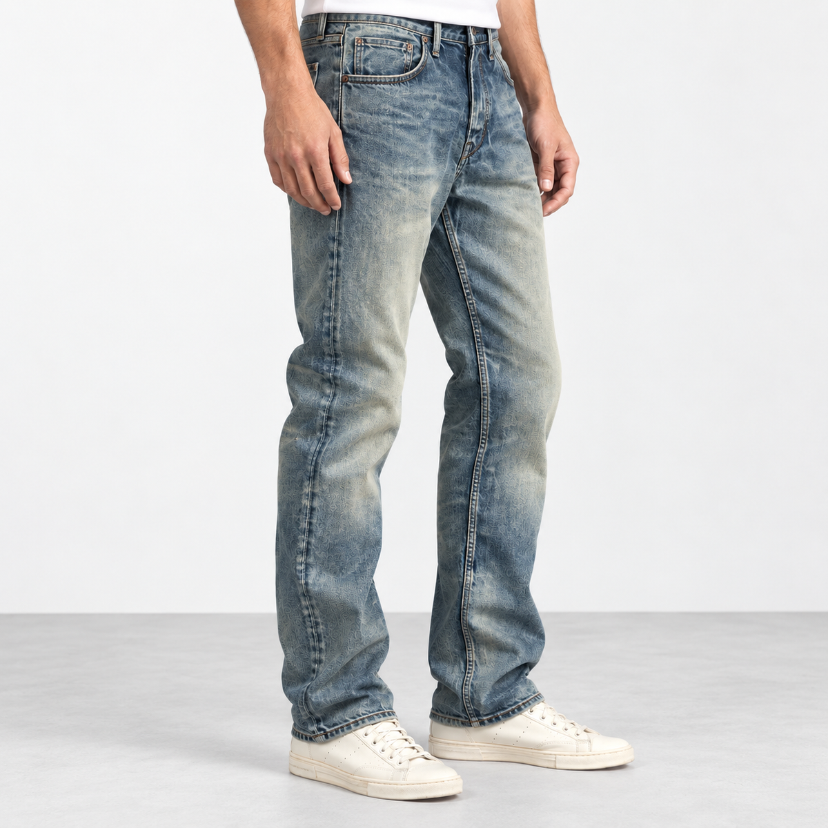 Vintage wash straight leg cotton jeans in vintage blue, side view on a model