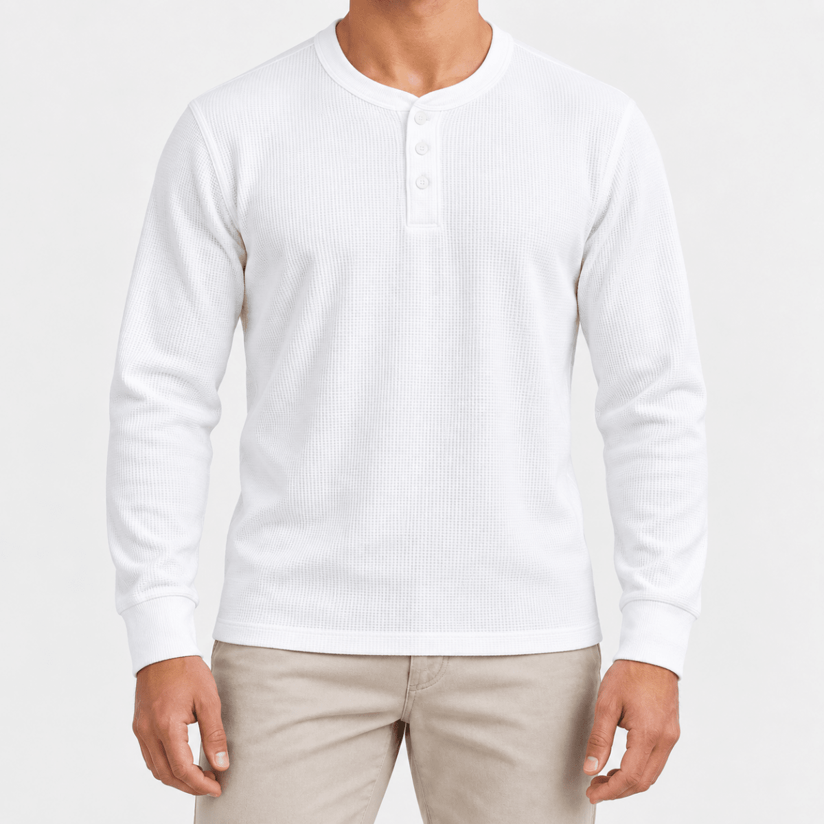 Waffle knit long sleeve henley - AntoniosClothing - White